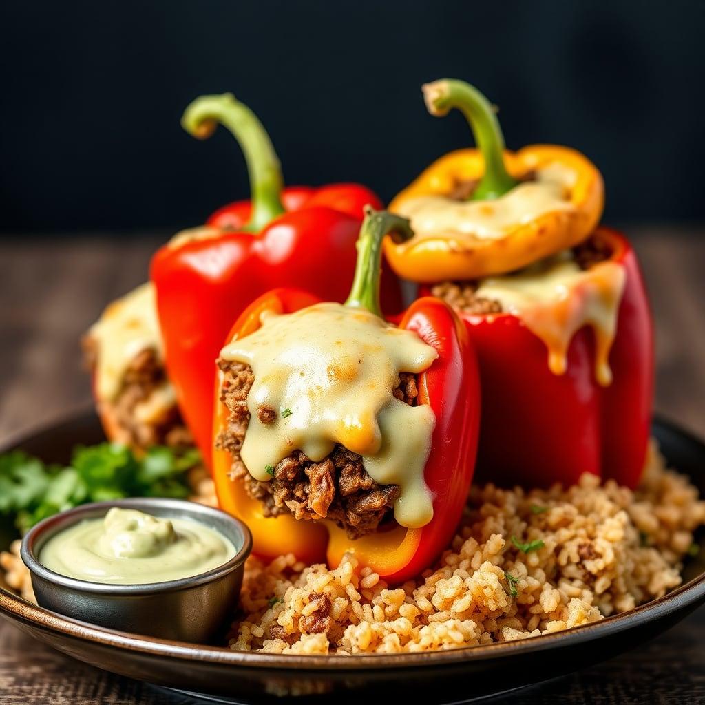 Tex-Mex Stuffed Bell Peppers with Cilantro Rice and Avocado Crema Tex-Mex Stuffed Bell Peppers with Cilantro Rice and Avocado Crema