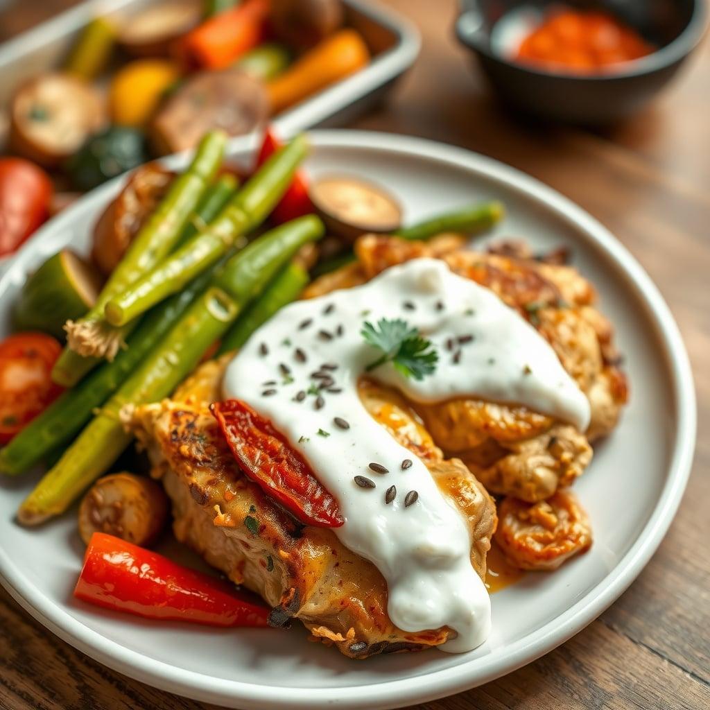 Sheet Pan Spiced Chicken & Roasted Vegetables with Yogurt Sauce Sheet Pan Spiced Chicken & Roasted Vegetables with Yogurt Sauce