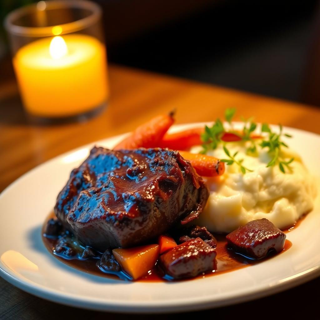 Slow-Braised Short Ribs with Red Wine, Carrots, and Creamy Mashed Potatoes Slow-Braised Short Ribs with Red Wine, Carrots, and Creamy Mashed Potatoes
