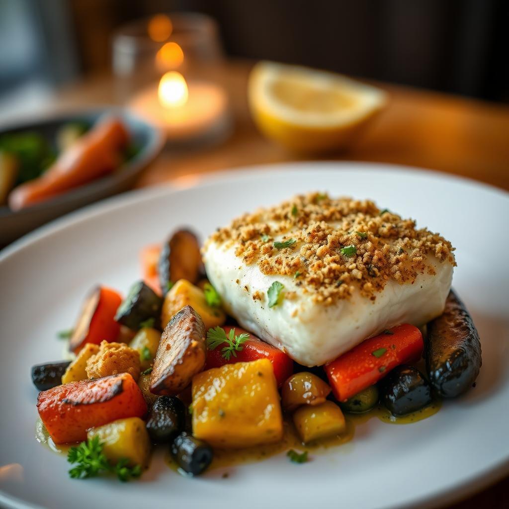 Baked Cod with Lemon-Herb Crust and Roasted Vegetables