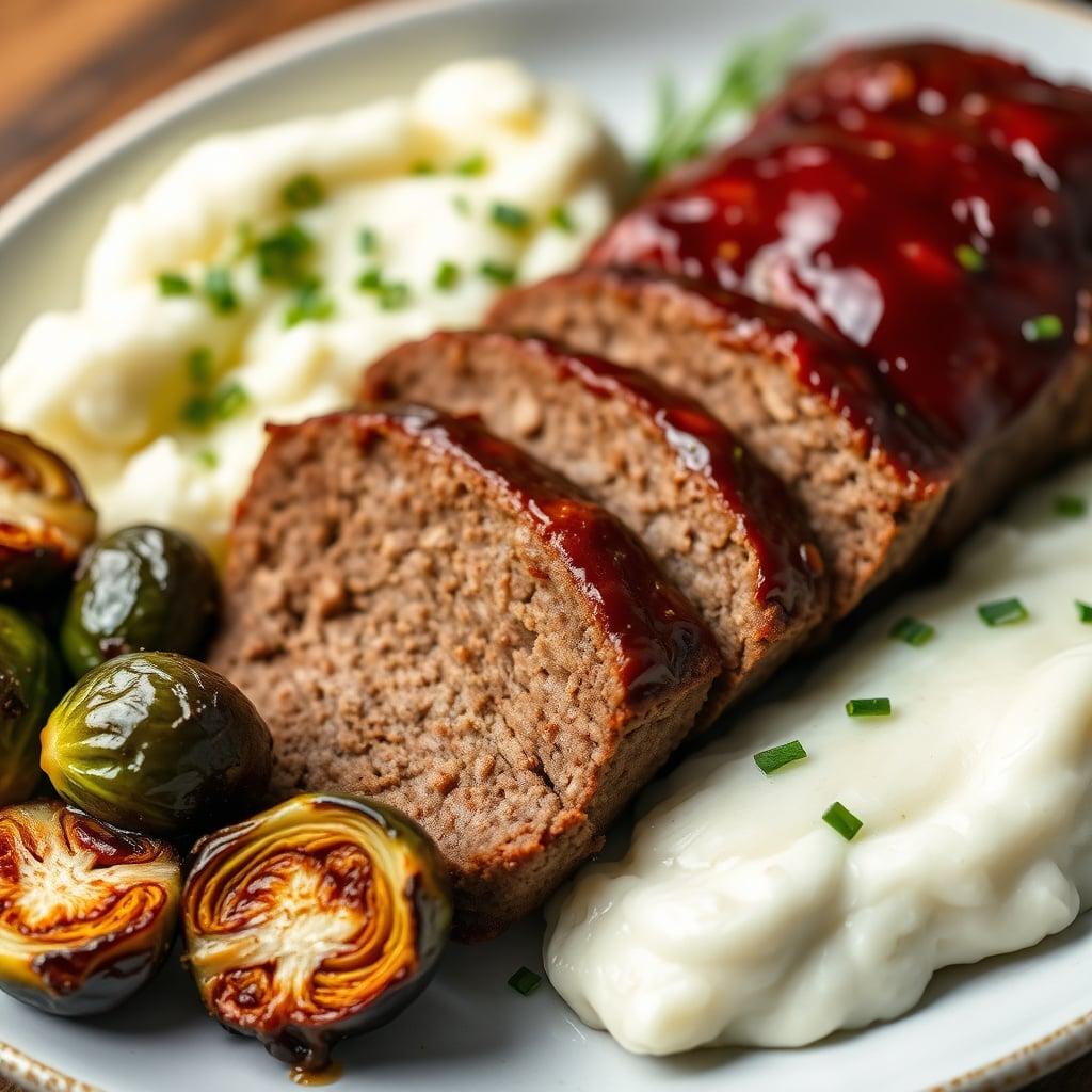 Glazed Umami Beef Meatloaf with Garlic-Chive Mash and Balsamic Roasted Brussels Sprouts Glazed Umami Beef Meatloaf with Garlic-Chive Mash and Balsamic Roasted Brussels Sprouts