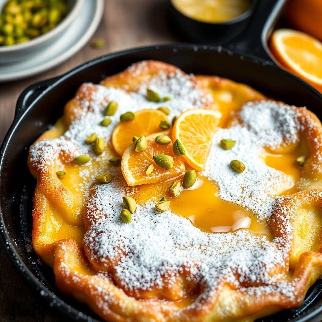 Cardamom-Spiced Dutch Baby with Pistachios and Orange-Honey Syrup