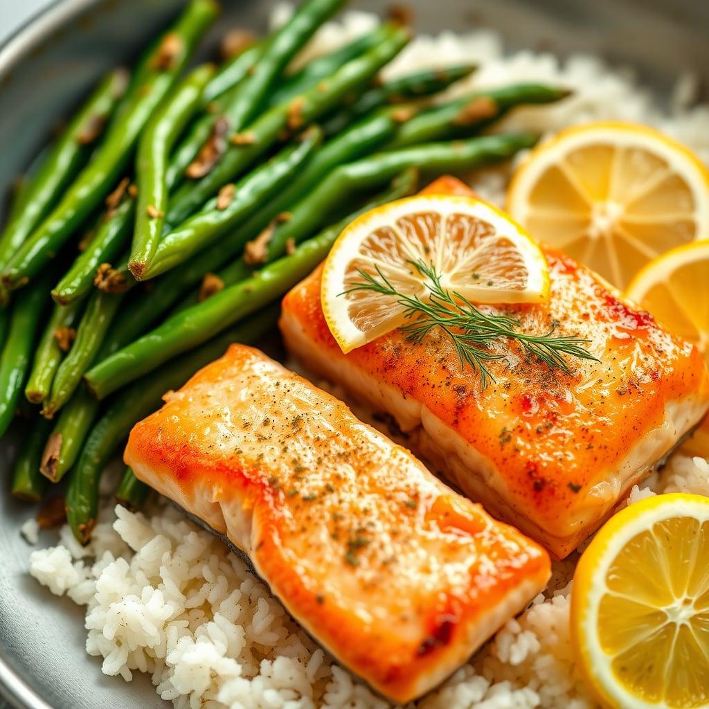 Sheet-Pan Lemon-Dill Salmon with Green Beans and White Rice Sheet-Pan Lemon-Dill Salmon with Green Beans and White Rice