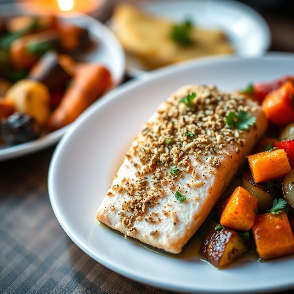 Herb-Crusted Salmon with Roasted Vegetable Medley Herb-Crusted Salmon with Roasted Vegetable Medley