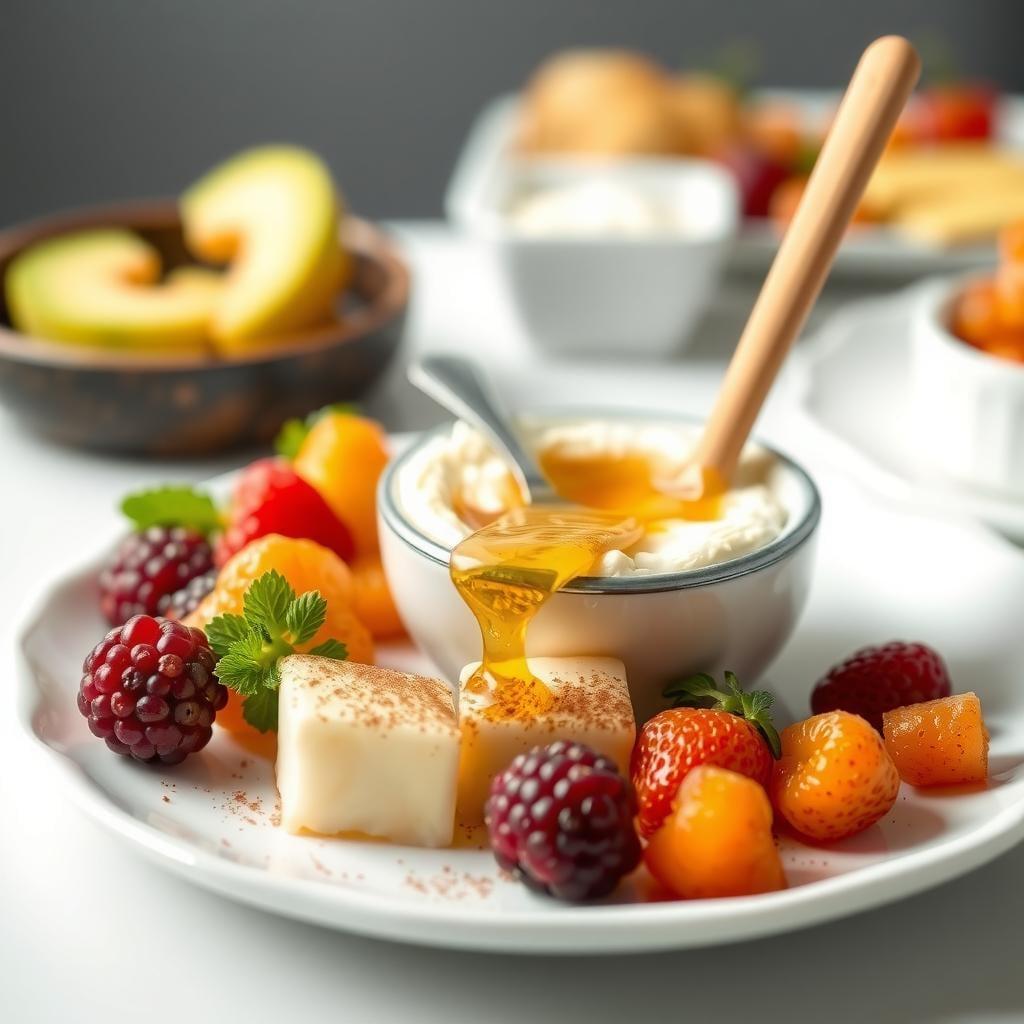 Fruit and Cheese Plate with Honey Cottage Cheese Dip Fruit and Cheese Plate with Honey Cottage Cheese Dip