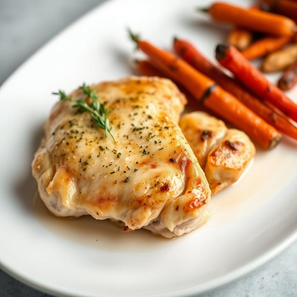 Lemon-Herb Roasted Chicken with Thyme Fingerling Potatoes and Maple-Glazed Carrots