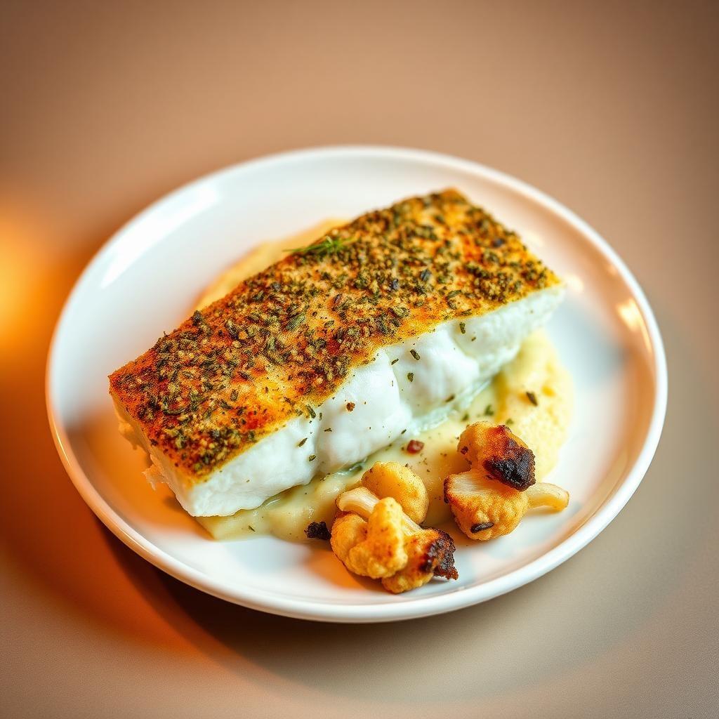 Baked Herb-Crusted Cod with Roasted Garlic Cauliflower Mash