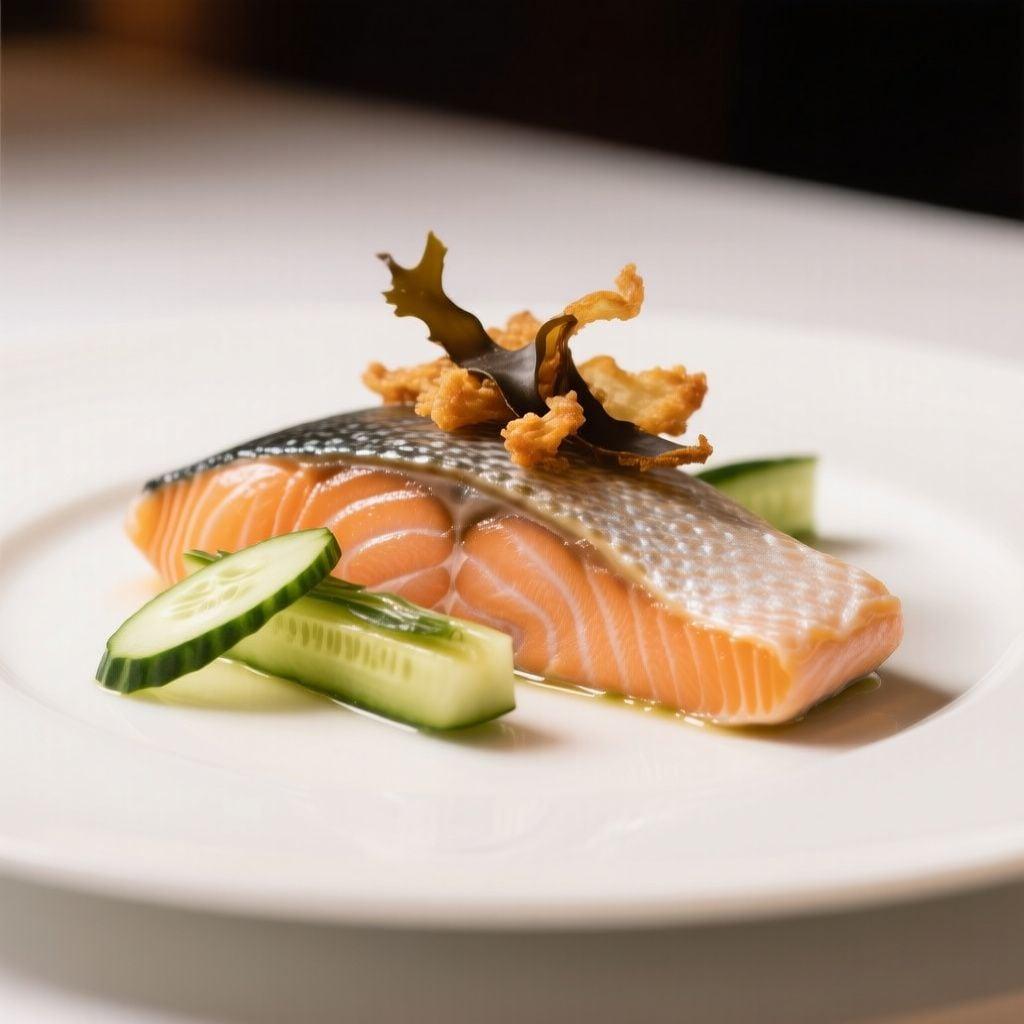 Koji-Cured Salmon with Dashi Beurre Blanc and Compressed Cucumber Koji-Cured Salmon with Dashi Beurre Blanc and Compressed Cucumber