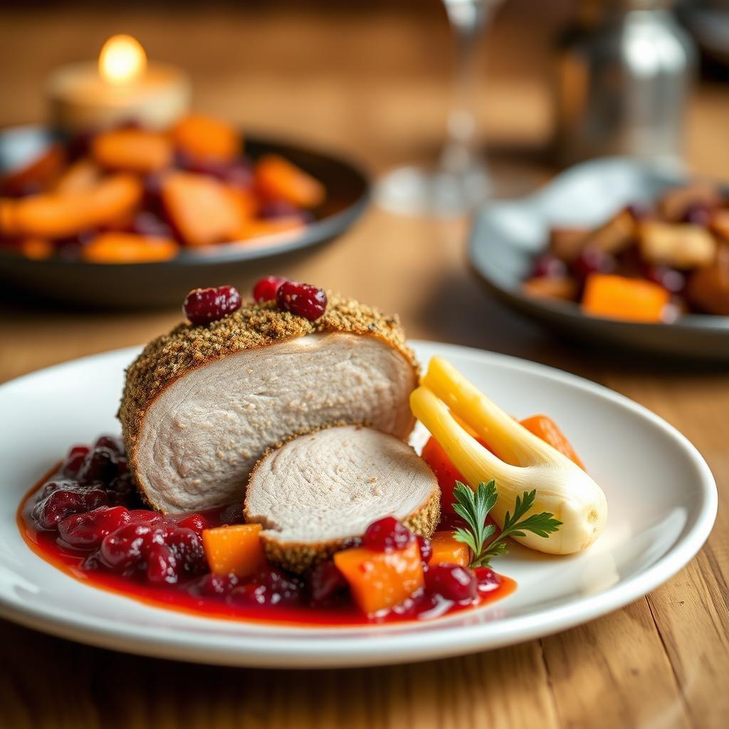 Herb-Crusted Pork Tenderloin with Cranberry Sauce & Roasted Vegetables Herb-Crusted Pork Tenderloin with Cranberry Sauce & Roasted Vegetables