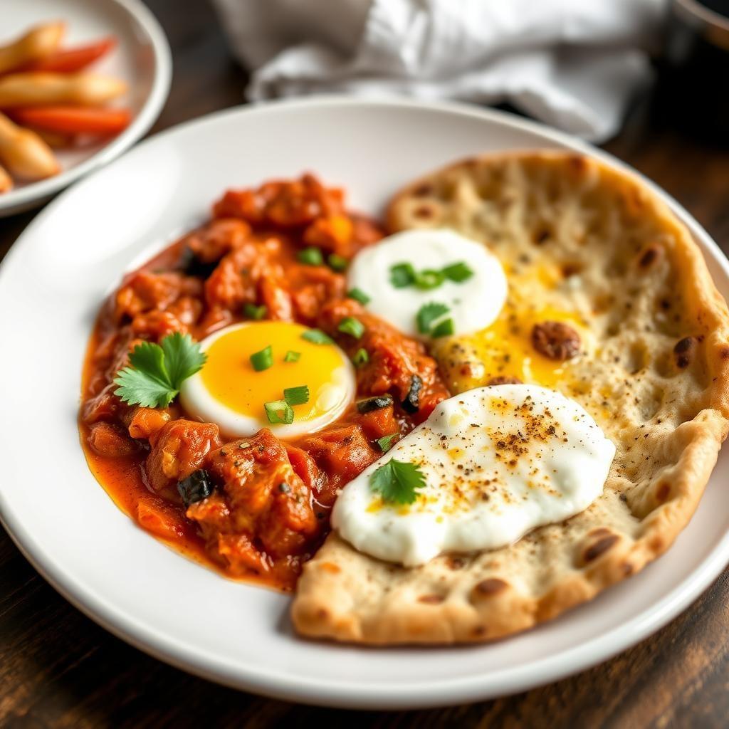 Cardamom-Spiced Shakshuka with Labneh and Za'atar Flatbread