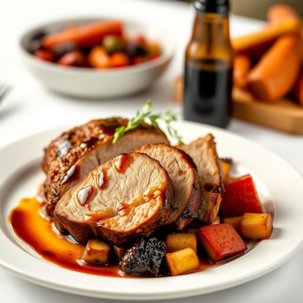 Balsamic Glazed Pork Tenderloin with Roasted Root Vegetables Balsamic Glazed Pork Tenderloin with Roasted Root Vegetables