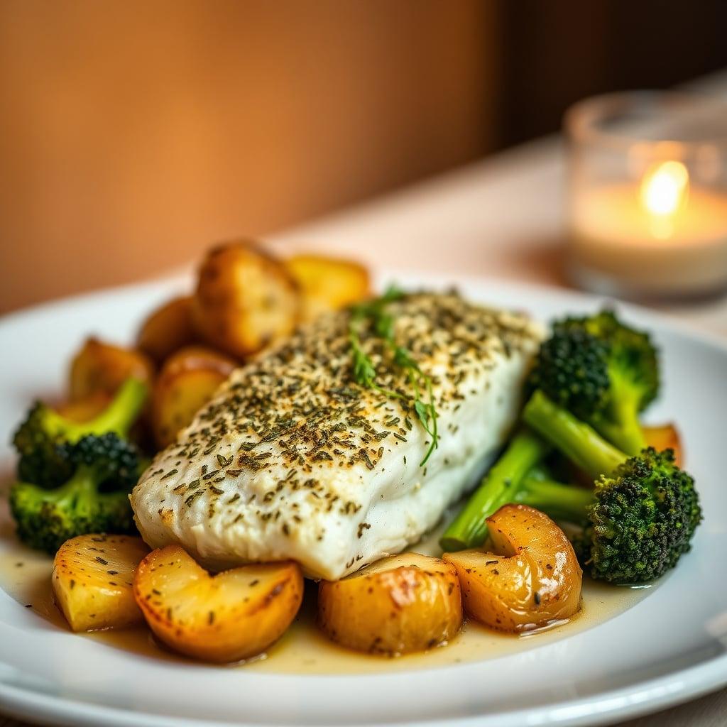 Herb-Crusted Baked Cod with Roasted Potatoes and Lemon Broccoli Herb-Crusted Baked Cod with Roasted Potatoes and Lemon Broccoli