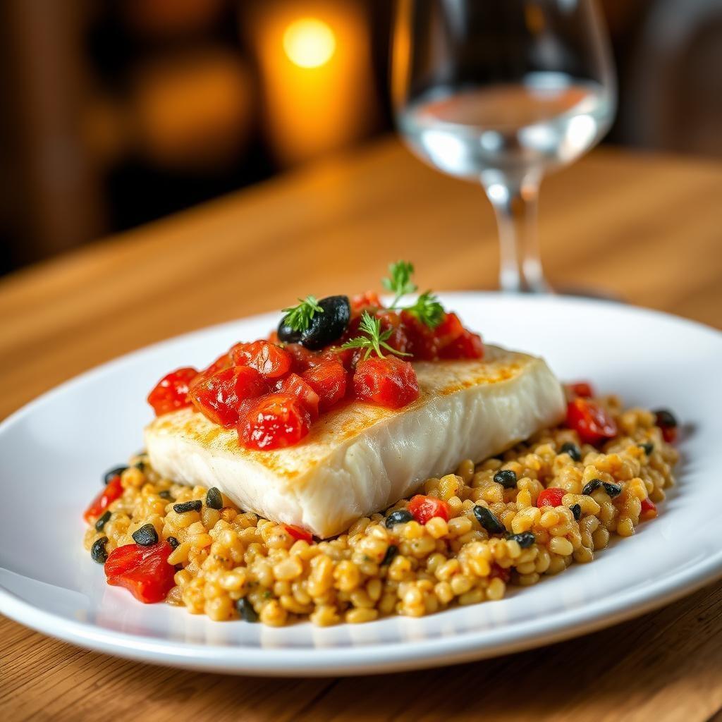 Baked Cod with Tomato-Olive Relish & Farro Risotto Baked Cod with Tomato-Olive Relish & Farro Risotto