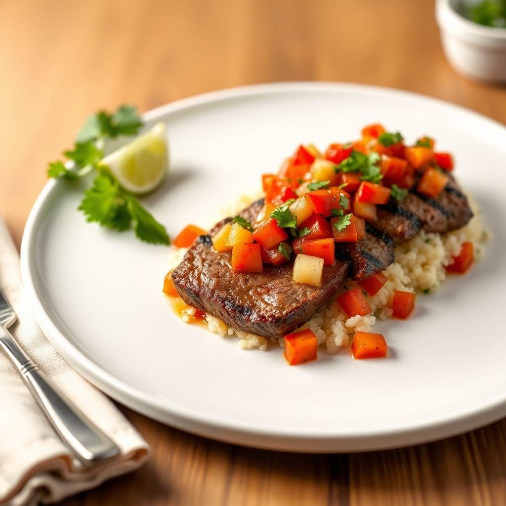 Chili-Lime Flank Steak with Roasted Bell Pepper Salsa and Cilantro Cauliflower Rice