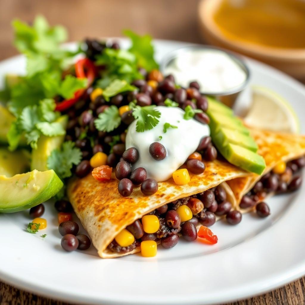 Black Bean and Corn Quesadillas with Avocado Salad and Lime Crema