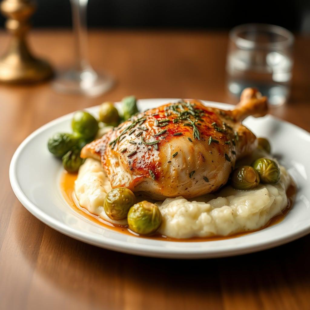 Herb-Roasted Chicken with Garlic Mashed Potatoes & Sautéed Brussels Sprouts Herb-Roasted Chicken with Garlic Mashed Potatoes & Sautéed Brussels Sprouts