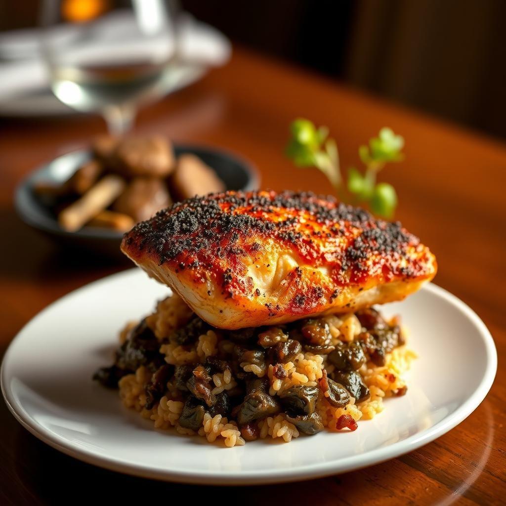 Blackened Cajun Catfish with Dirty Rice & Collard Greens