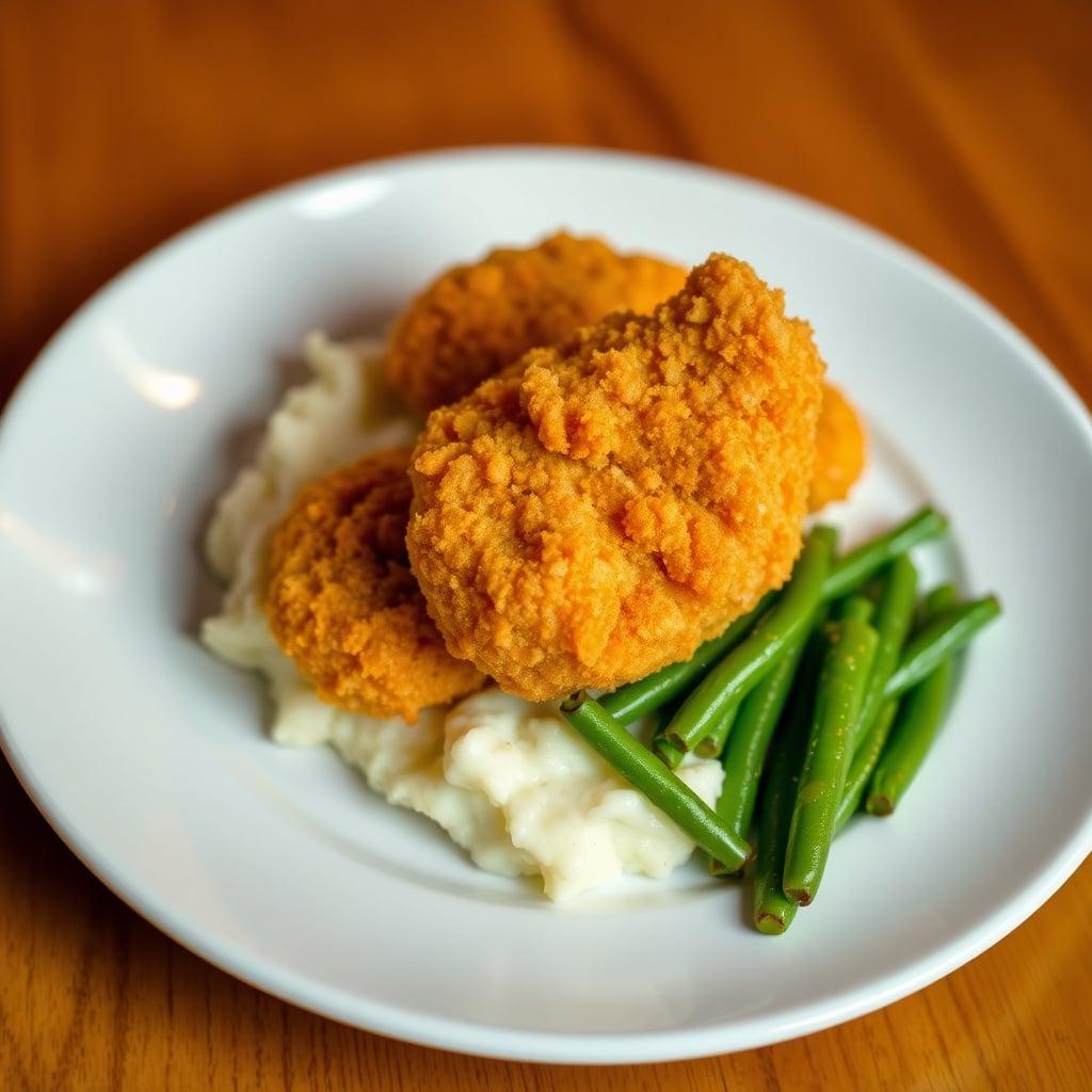 Crispy Oven-Fried Chicken Tenders with Mashed Potatoes and Buttered Green Beans Crispy Oven-Fried Chicken Tenders with Mashed Potatoes and Buttered Green Beans