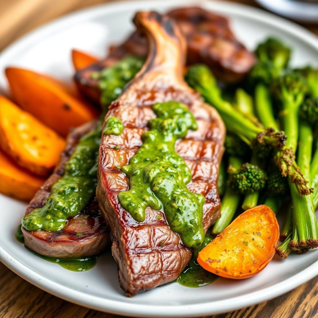 Pan-Seared Tri-Tip Steak Tips with Fresh Chimichurri, Roasted Sweet Potato Wedges, and Charred Broccolini