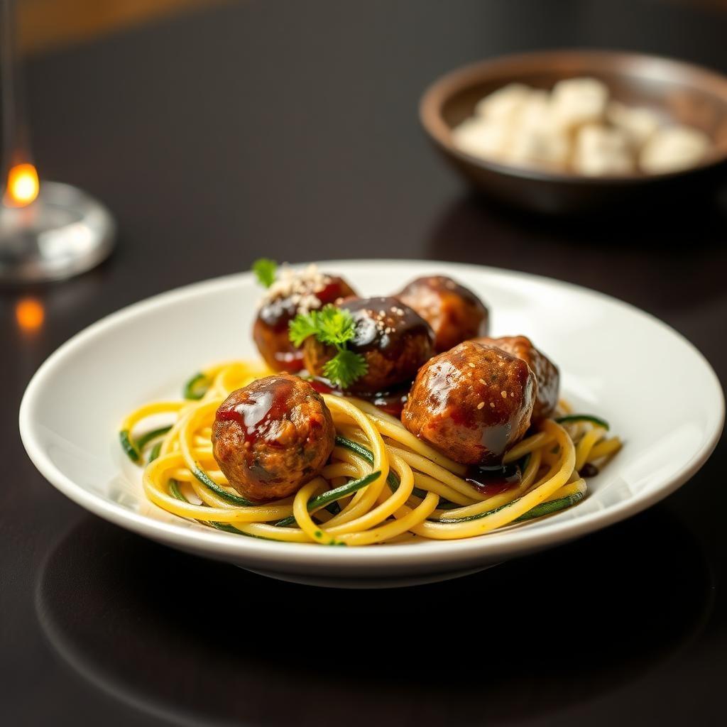Balsamic Glazed Turkey Meatballs with Zucchini Noodles