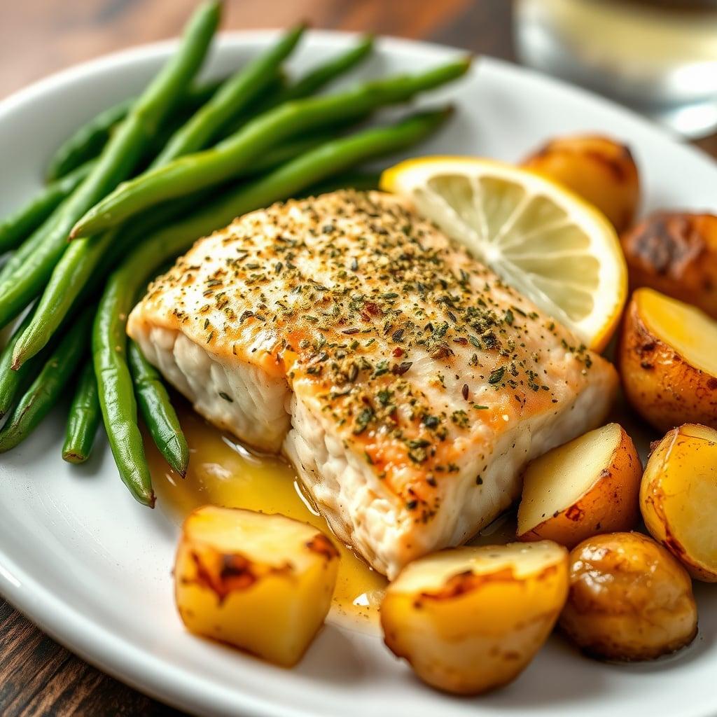 Lemon Herb Baked Salmon with Roasted Potatoes and Garlic Green Beans Lemon Herb Baked Salmon with Roasted Potatoes and Garlic Green Beans