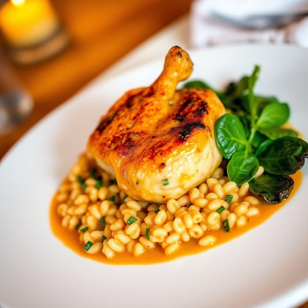 Braised Skin-On Chicken Thighs in Creamy Paprika Sauce with Orzo and Baby Spinach