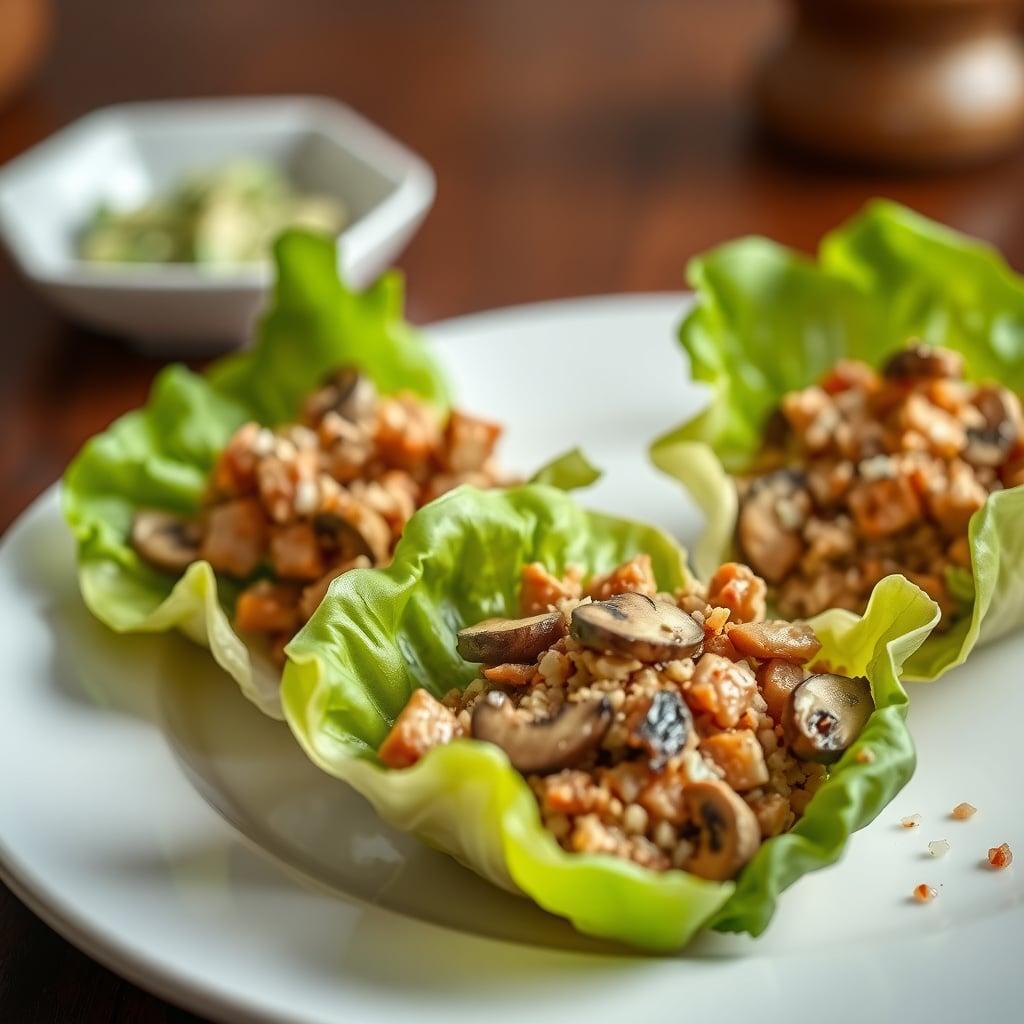 Chinese-Style Pork and Mushroom Lettuce Cups with Toasted Rice Powder Chinese-Style Pork and Mushroom Lettuce Cups with Toasted Rice Powder