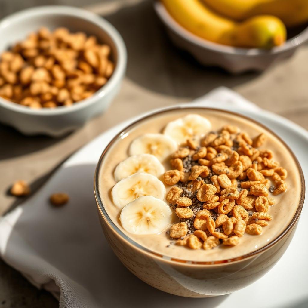 Peanut Butter & Banana Protein Smoothie Bowl with Crunchy Chex Peanut Butter & Banana Protein Smoothie Bowl with Crunchy Chex