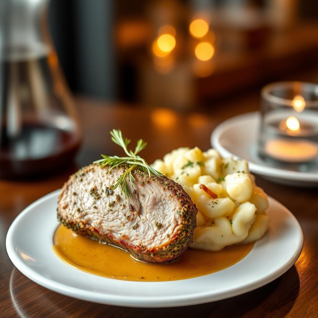 Herb-Crusted Pork Tenderloin with Roasted Garlic Mashed Potatoes Herb-Crusted Pork Tenderloin with Roasted Garlic Mashed Potatoes