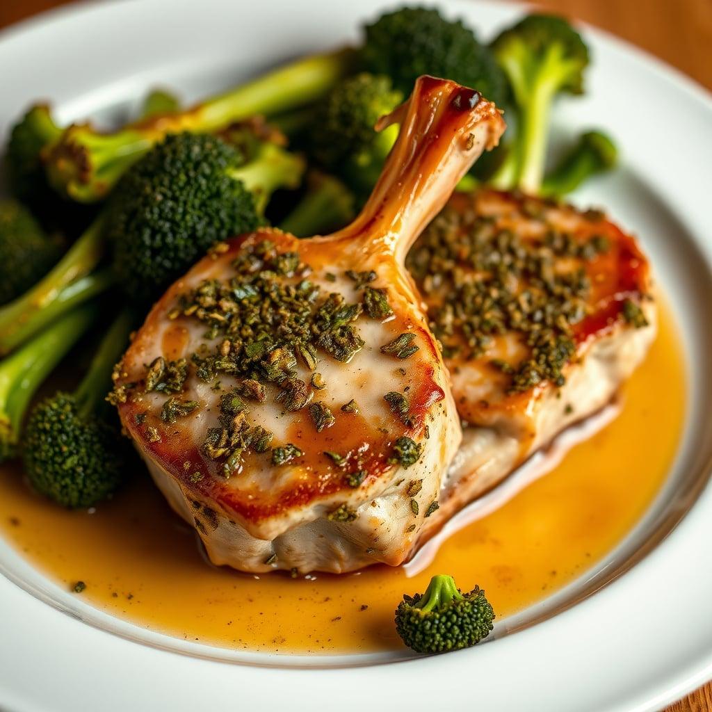 Herb-Crusted Pork Loin Chops with Maple-Dijon Glaze and Garlic Roasted Broccoli
