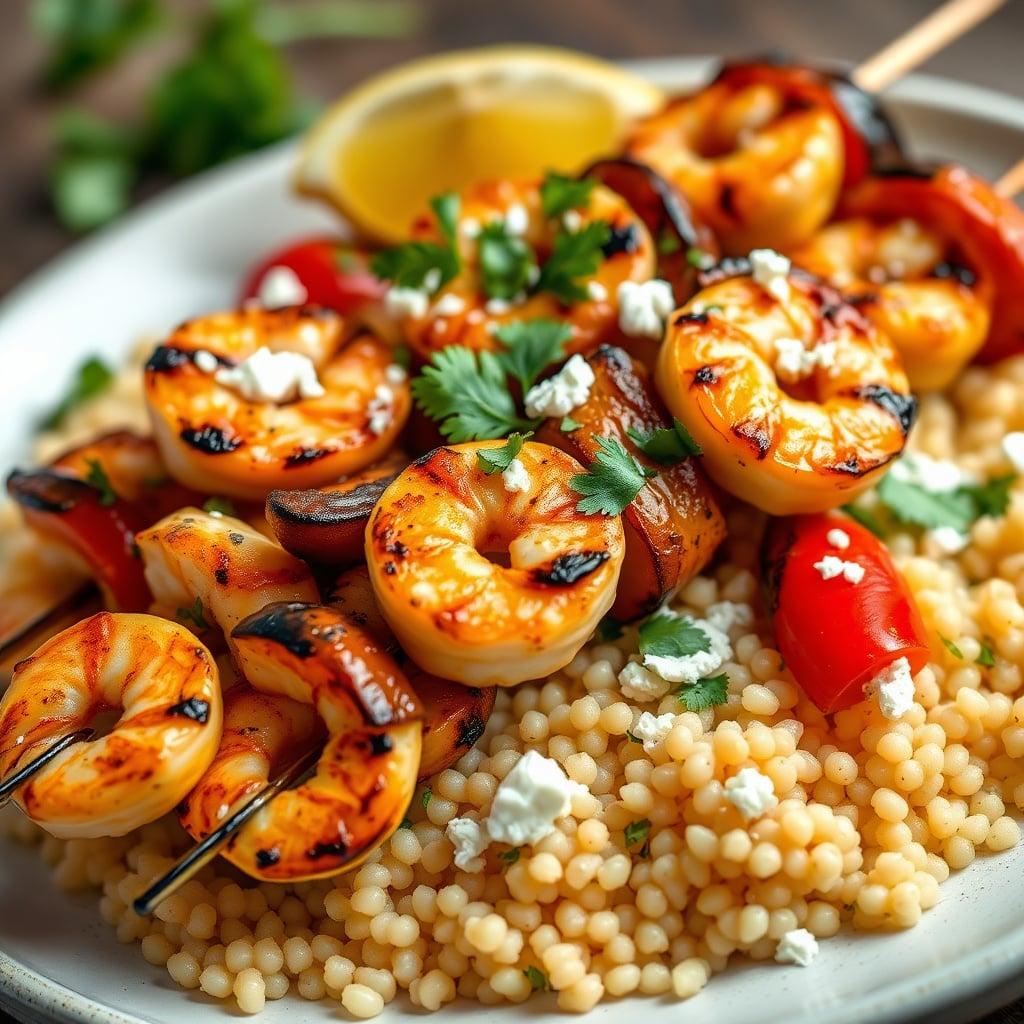 Lemon-Garlic Grilled Shrimp Kabobs with Herbed Pearl Couscous and Charred Summer Vegetable Medley Lemon-Garlic Grilled Shrimp Kabobs with Herbed Pearl Couscous and Charred Summer Vegetable Medley