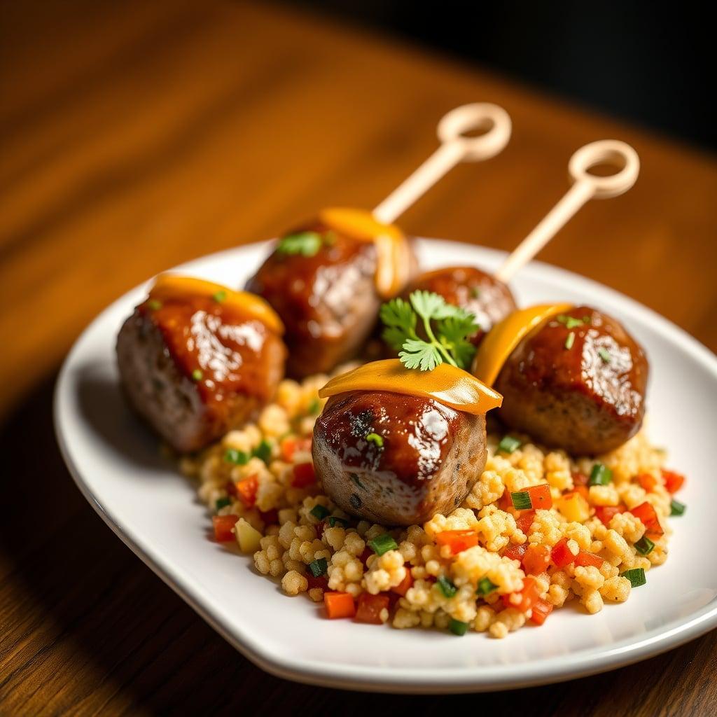Elk and Pork Meatball Skewers with Honey-Citrus Glaze and Vegetable Couscous
