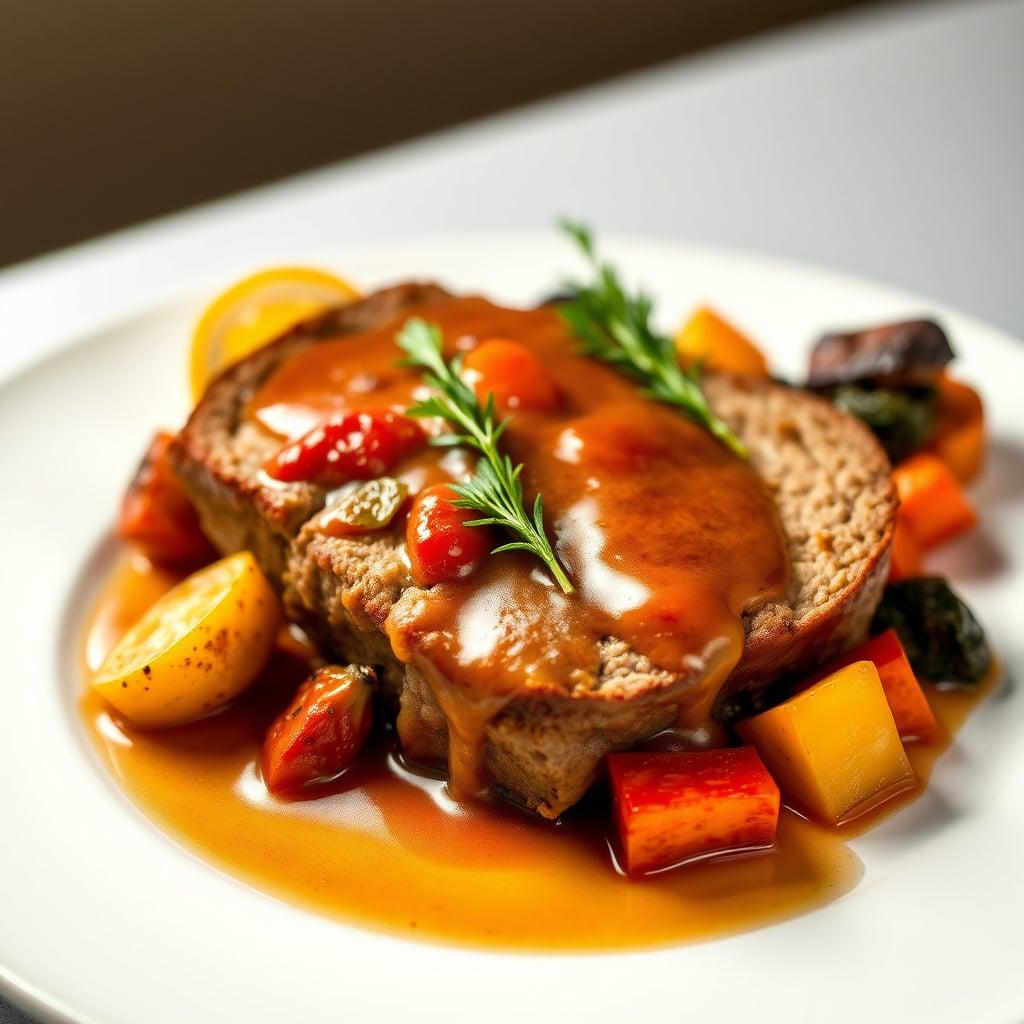 Braised Italian Meatloaf with Lemon-Tomato Gravy and Roasted Seasonal Vegetables