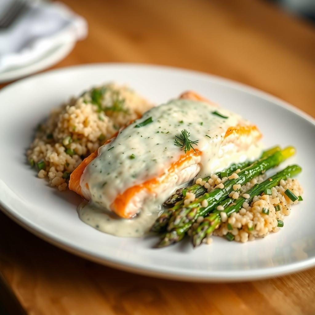 Seared Chinook Salmon with Creamy Dill Sauce, Herbed Quinoa and Roasted Asparagus Seared Chinook Salmon with Creamy Dill Sauce, Herbed Quinoa and Roasted Asparagus