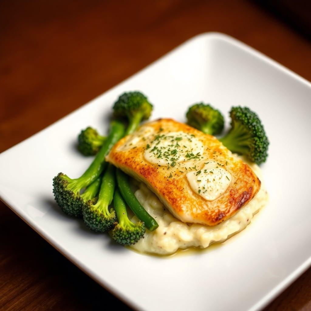 Baked Parmesan Tilapia with Roasted Garlic Mashed Potatoes and Steamed Broccoli