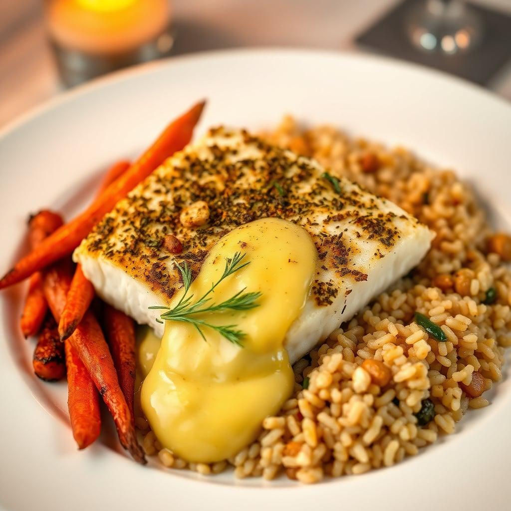 Herb-Crusted Baked Cod with Lemon Butter Sauce, Roasted Carrots and Wild Rice Pilaf Herb-Crusted Baked Cod with Lemon Butter Sauce, Roasted Carrots and Wild Rice Pilaf