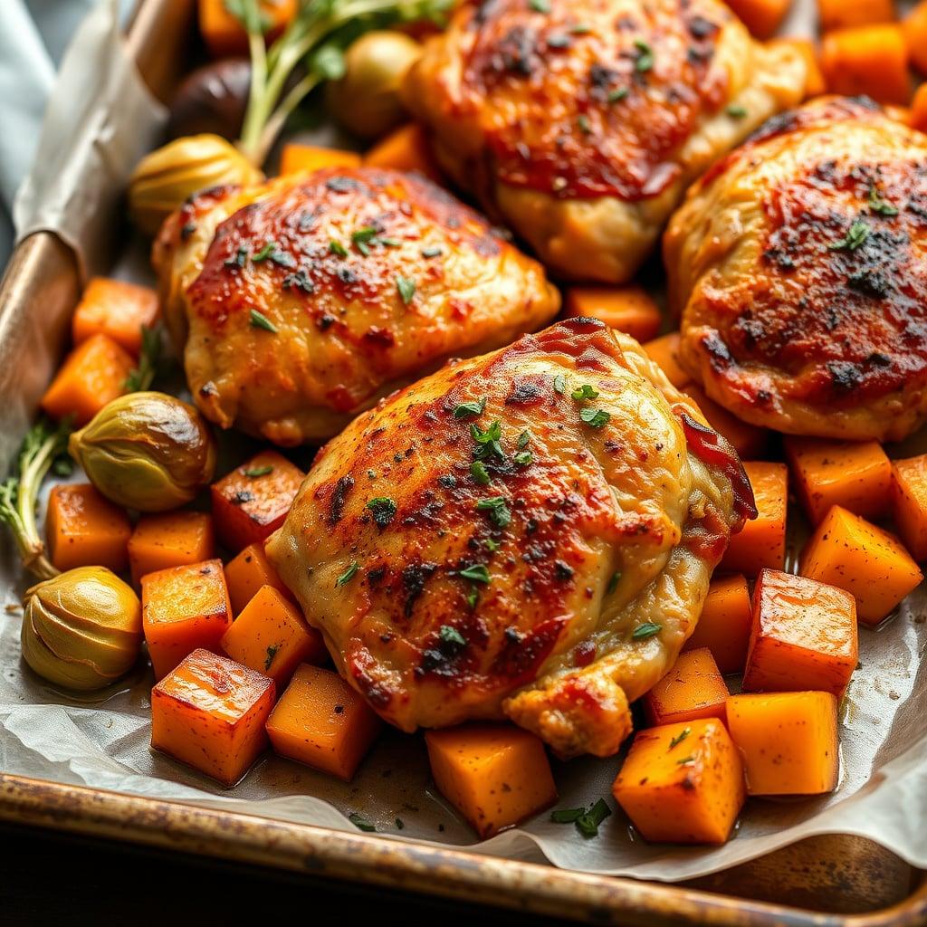 Herb-Roasted Chicken Thighs with Sweet Potatoes and Brussels Sprouts Herb-Roasted Chicken Thighs with Sweet Potatoes and Brussels Sprouts