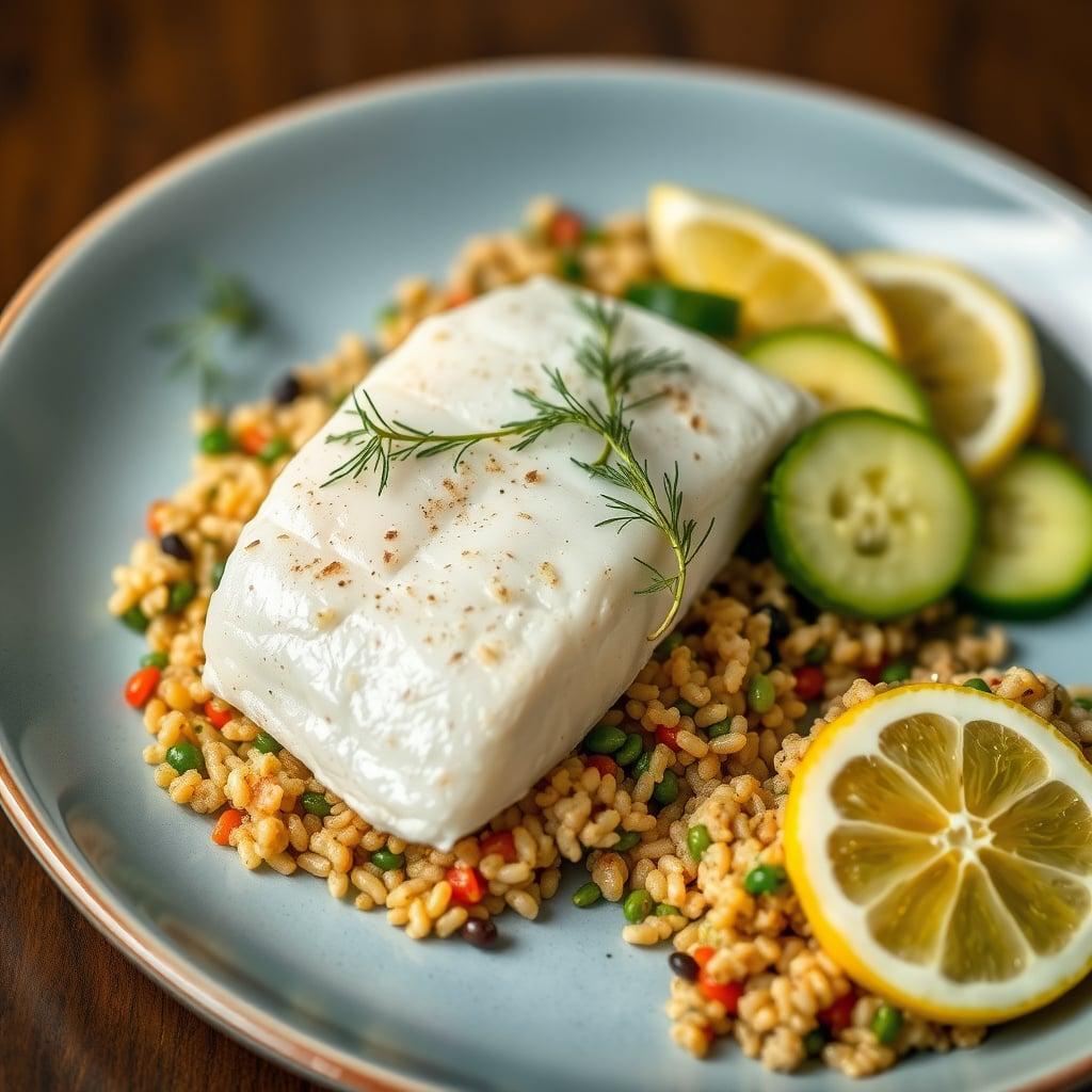Lemon-Dill Baked Cod with Avocado-Cucumber Salad and Herbed Quinoa Lemon-Dill Baked Cod with Avocado-Cucumber Salad and Herbed Quinoa