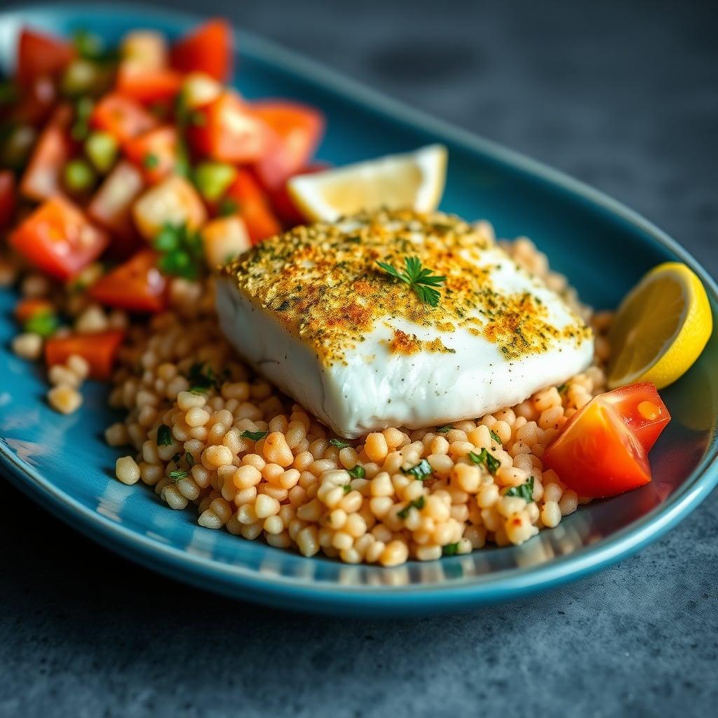 Mediterranean Lemon-Garlic Cod with Herbed Couscous and Cucumber-Tomato Salad