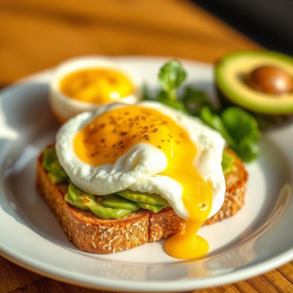 Whole Grain Breakfast Toast with Avocado and Poached Eggs Whole Grain Breakfast Toast with Avocado and Poached Eggs