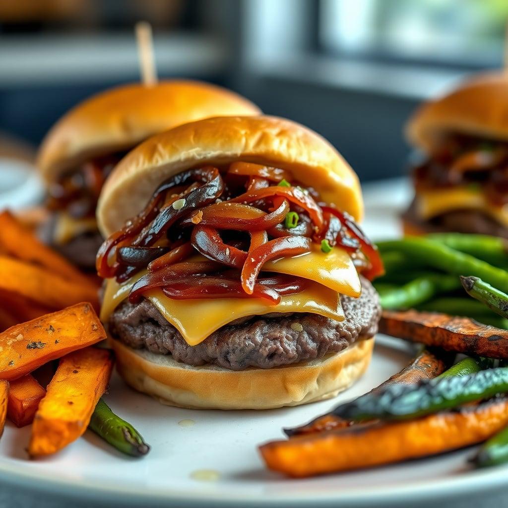 Caramelized Onion and Gruyère Beef Burgers with Balsamic Reduction, Sweet Potato Wedges, and Charred Green Beans