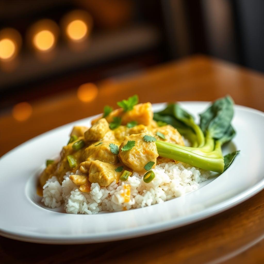 Thai Green Curry Chicken with Jasmine Rice and Baby Bok Choy Thai Green Curry Chicken with Jasmine Rice and Baby Bok Choy