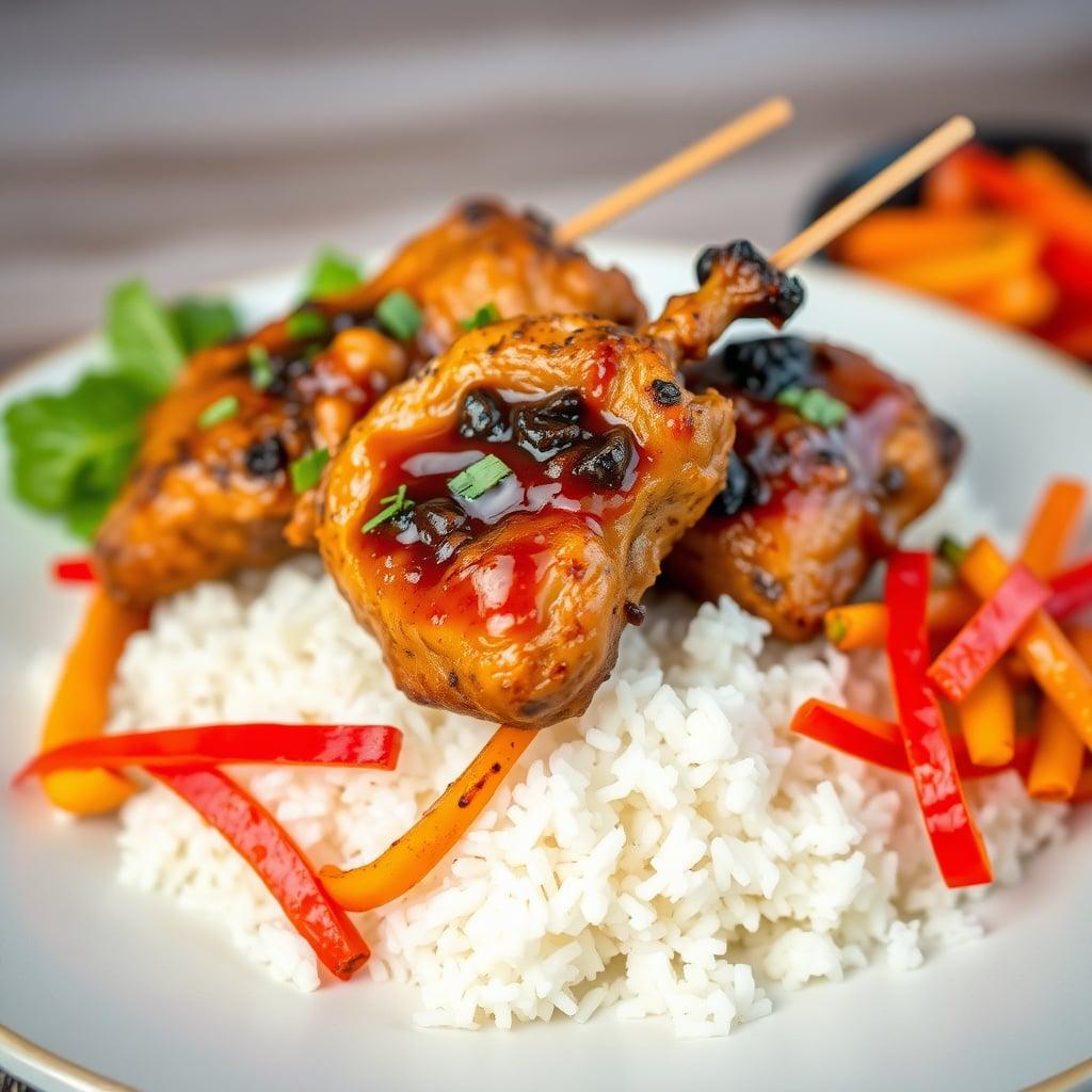 Indonesian-Style Satay Chicken Thighs with Peanut Reduction, Jasmine Rice, and Charred Bell Pepper Salad Indonesian-Style Satay Chicken Thighs with Peanut Reduction, Jasmine Rice, and Charred Bell Pepper Salad