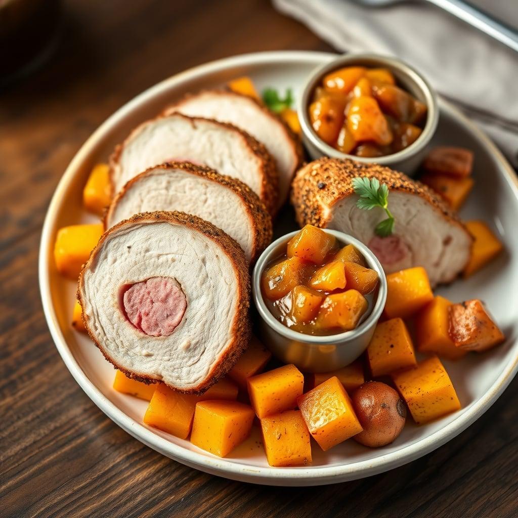 Spice-Rubbed Pork Tenderloin with Roasted Sweet Potatoes and Apple Chutney Spice-Rubbed Pork Tenderloin with Roasted Sweet Potatoes and Apple Chutney