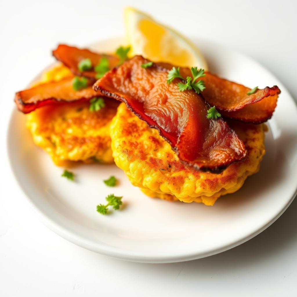 Sunny Morning Corn Fritters with Crispy Bacon Sunny Morning Corn Fritters with Crispy Bacon