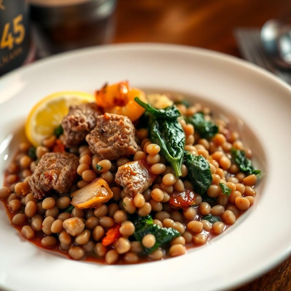 Batch-Cooked Mediterranean Beef and Lentil Stew with Wilted Lemon-Garlic Spinach