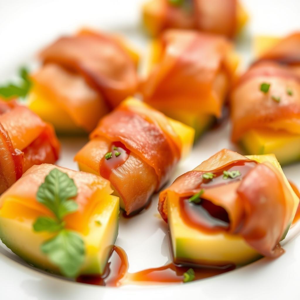 Prosciutto-Wrapped Melon Bites with Herb-Infused Balsamic Reduction Prosciutto-Wrapped Melon Bites with Herb-Infused Balsamic Reduction