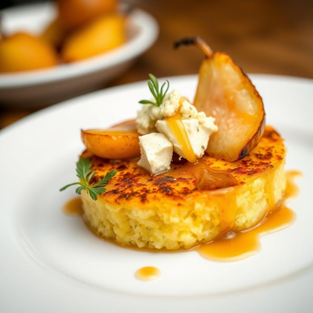 Crispy Polenta Cake with Roasted Pears, Gorgonzola, and Honey Drizzle Crispy Polenta Cake with Roasted Pears, Gorgonzola, and Honey Drizzle