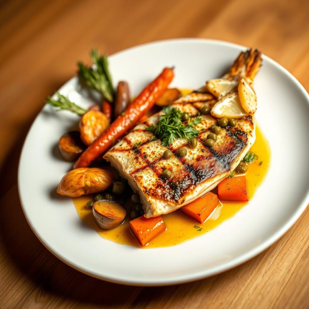 Grilled Branzino with Lemon-Caper Sauce and Roasted Root Vegetables Grilled Branzino with Lemon-Caper Sauce and Roasted Root Vegetables