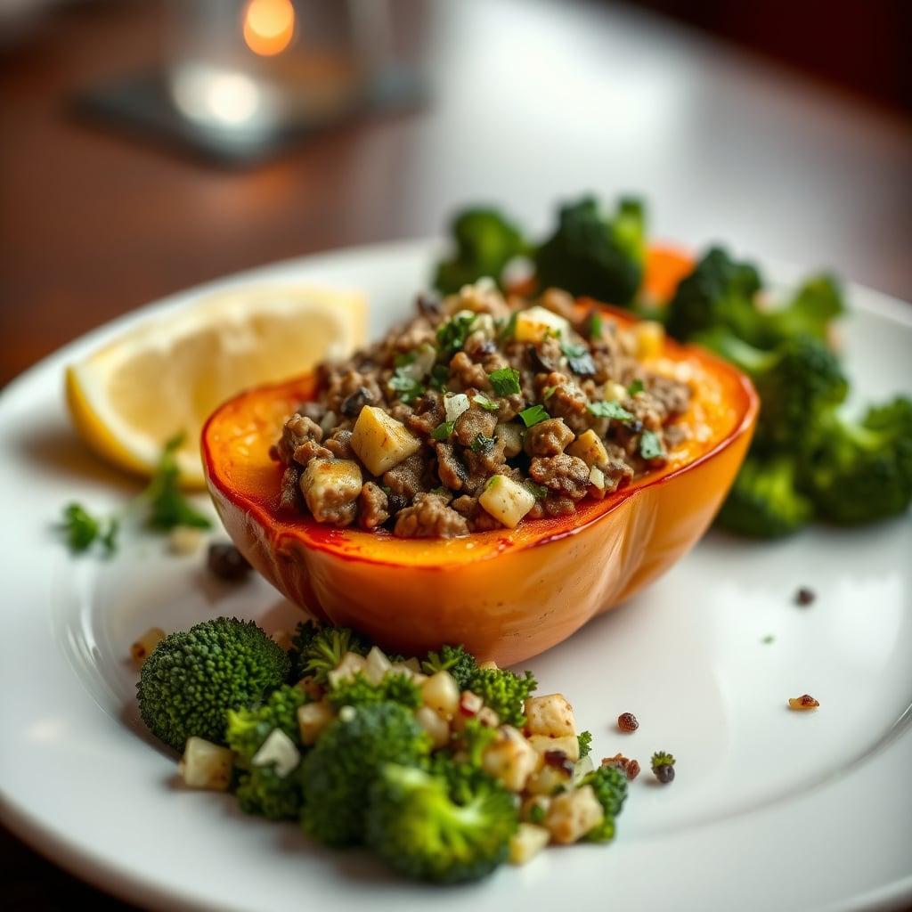 Moroccan-Spiced Ground Beef Stuffed Butternut Squash with Roasted Broccoli Tabbouleh Moroccan-Spiced Ground Beef Stuffed Butternut Squash with Roasted Broccoli Tabbouleh